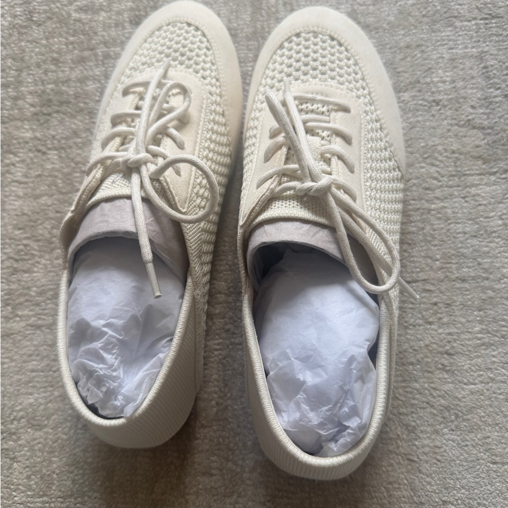 Neutral Knit Lace-Up Sneakers in Cream